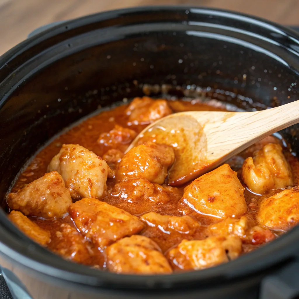 Crockpot Orange Chicken cooking in slow cooker