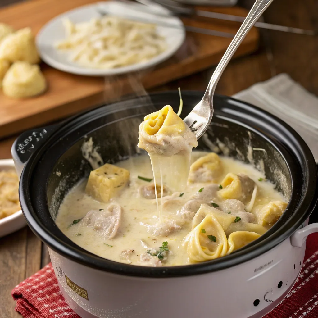 CrockPot Chicken Tortellini cooking in slow cooker