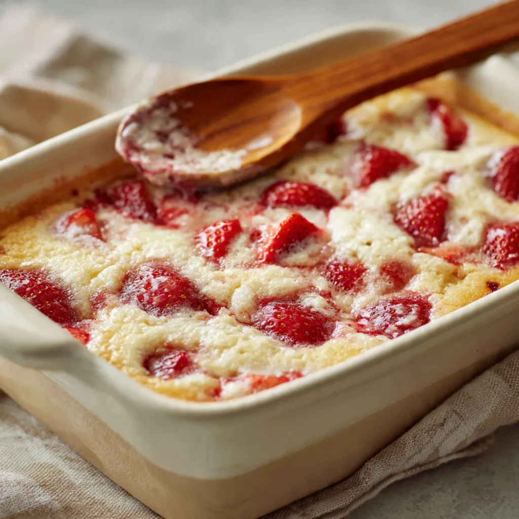 Strawberry Cheesecake Dump Cake baking in oven
