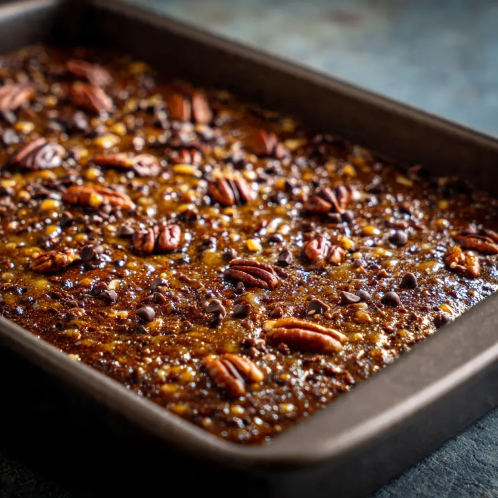 Turtle Brownies Recipe – Easy, Gooey, and Delicious 10 Turtle brownies baking in pan