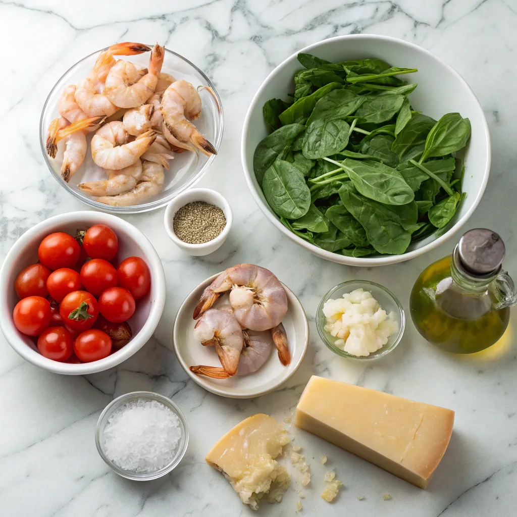 Ingredients for Tuscan shrimp laid out on marble counter