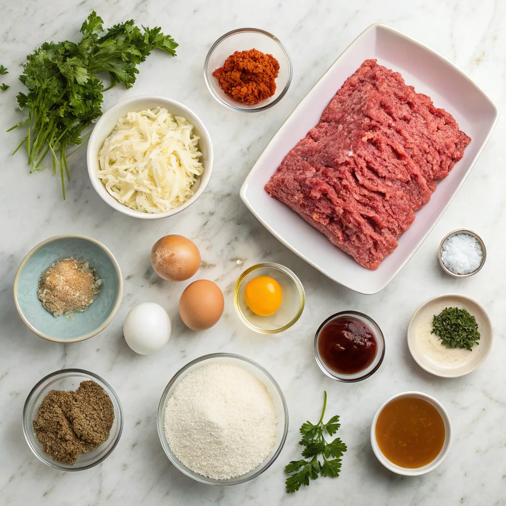 Ingredients for Gordon Ramsay Meatloaf laid out on marble counter