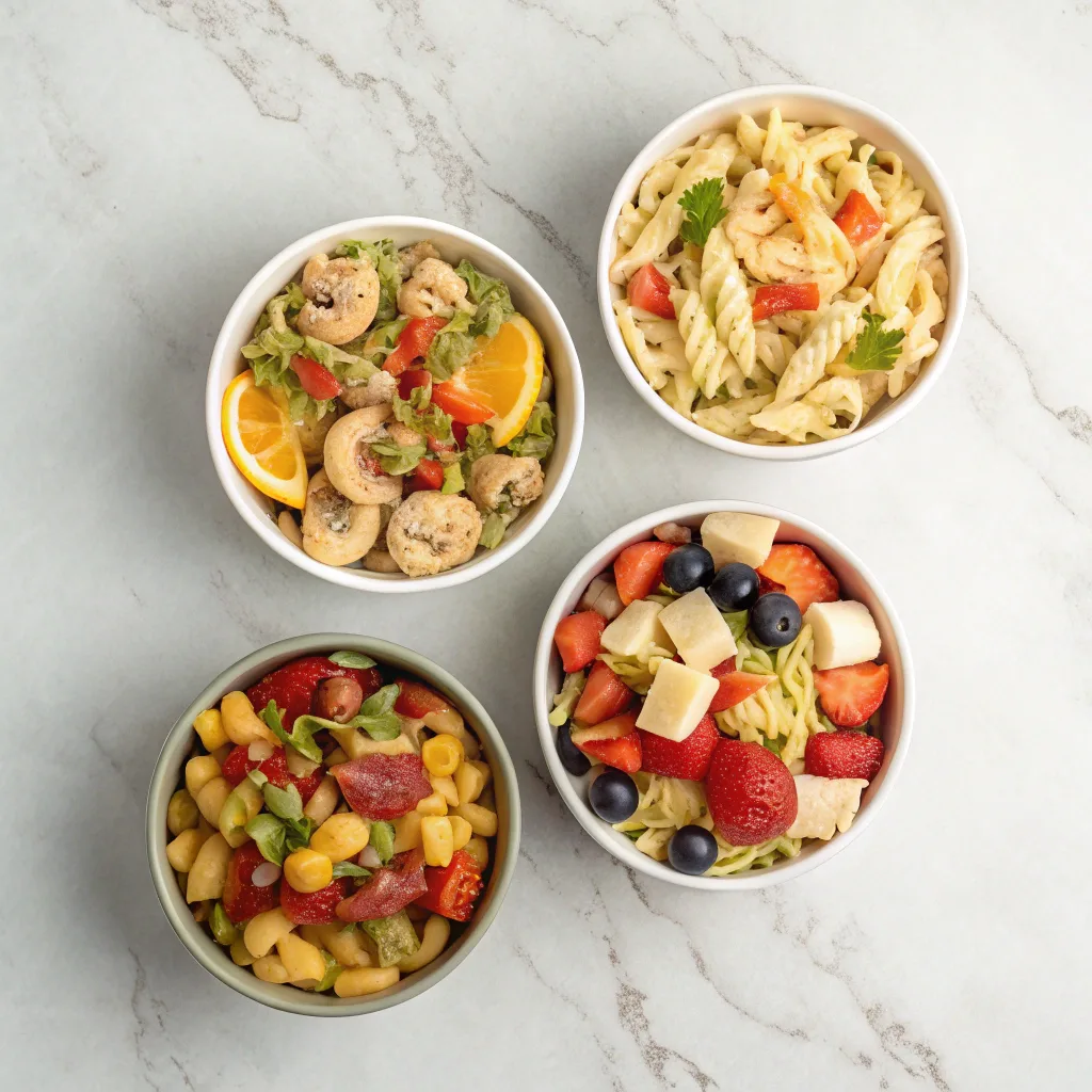 Four variations of California pasta salad