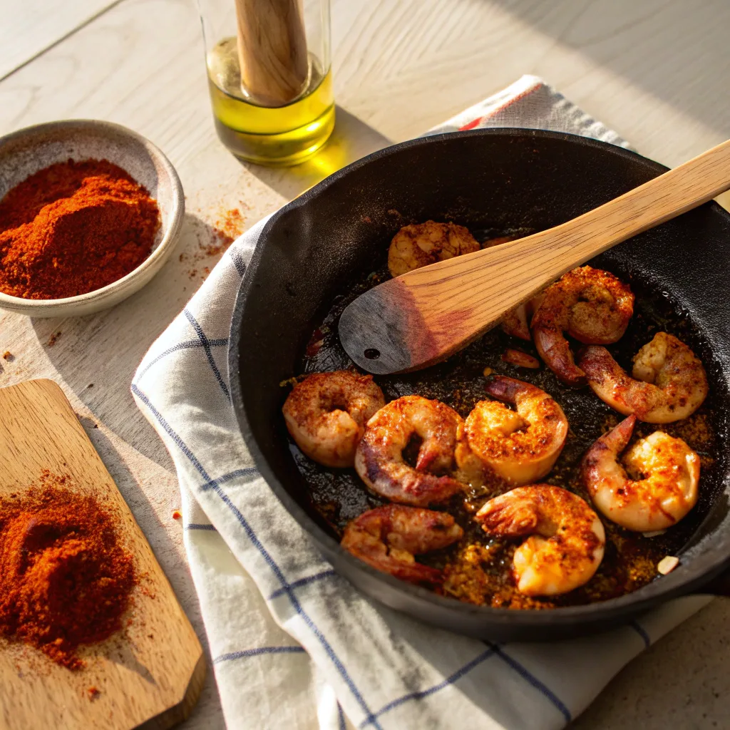 Cooking Hot Honey Blackened Shrimp in skillet