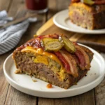 Classic cheeseburger meatloaf slice with cheese and glaze