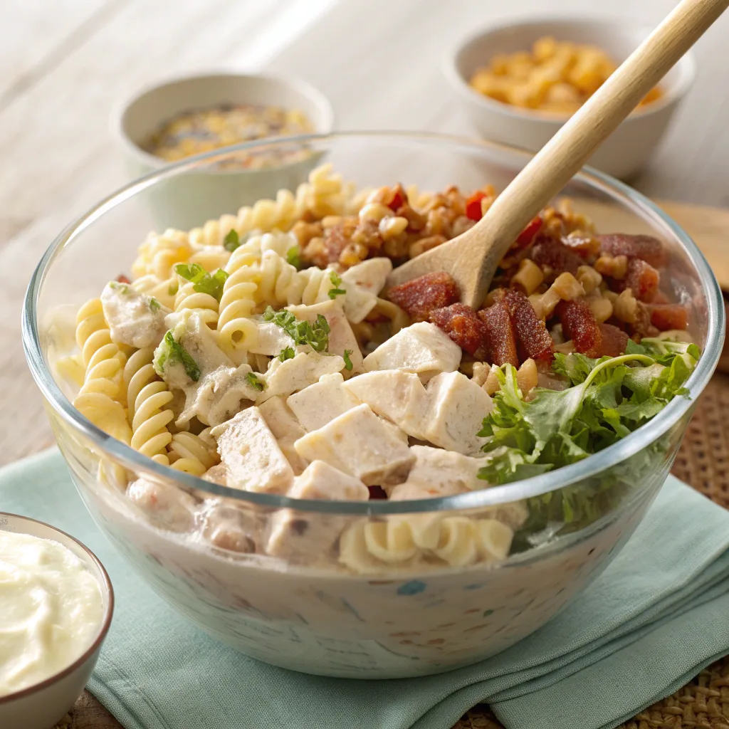 Mixing club sandwich pasta salad in a bowl