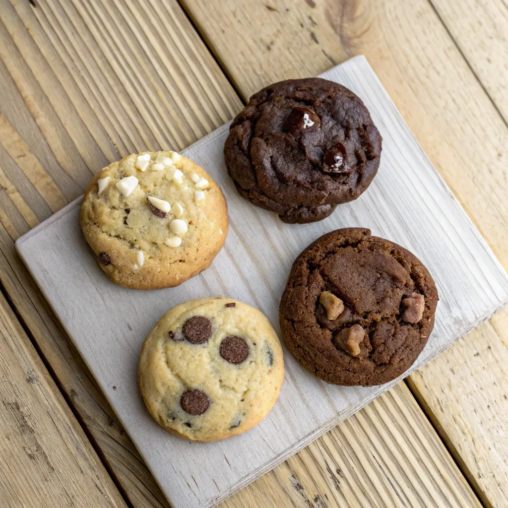 Four variations of eggless chocolate chip cookies