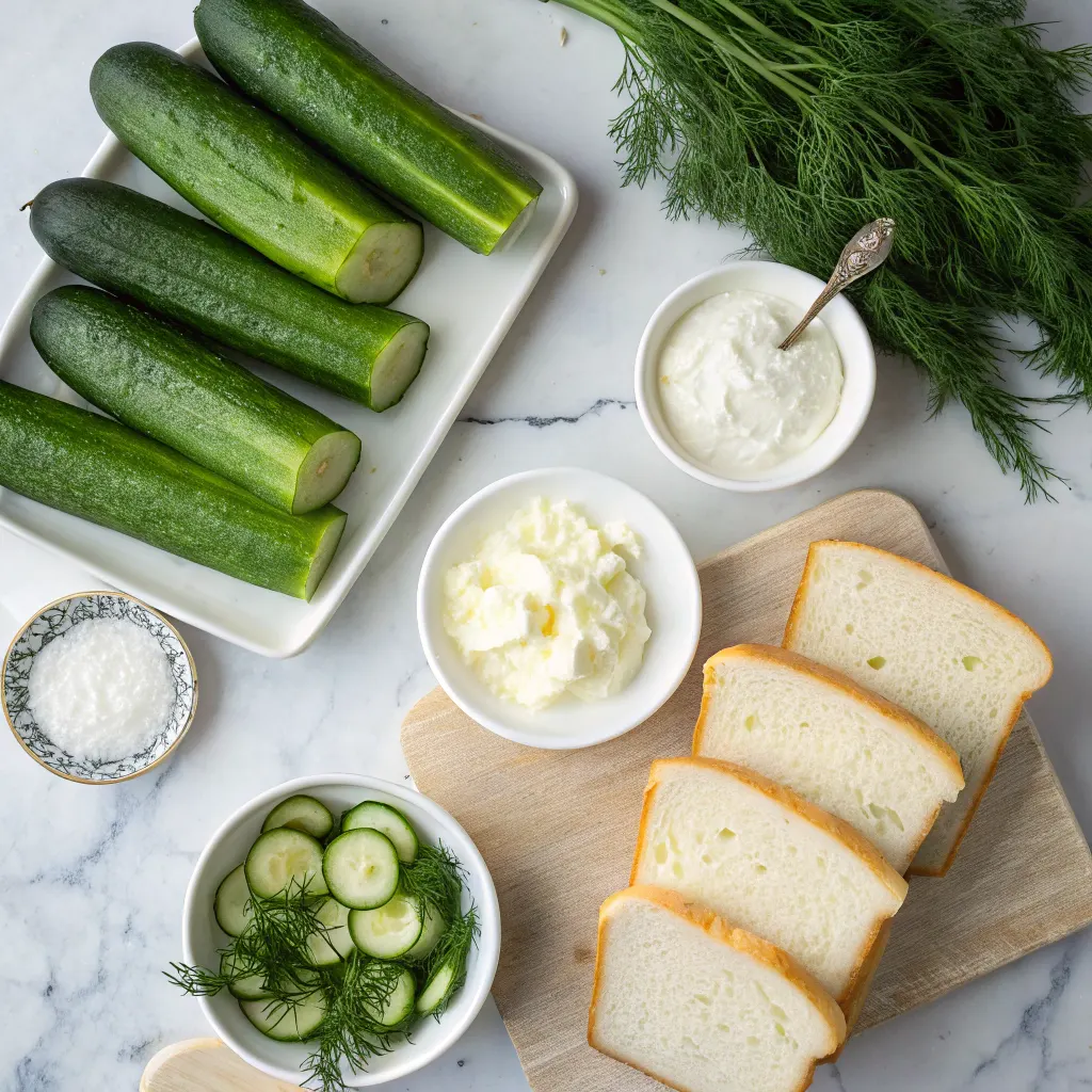 Ingredients for cucumber salad sandwiches