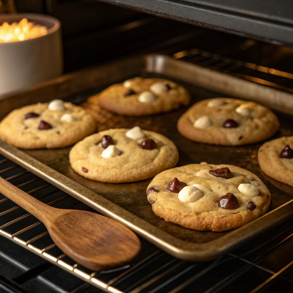 White chocolate chip cookies baking in the oven