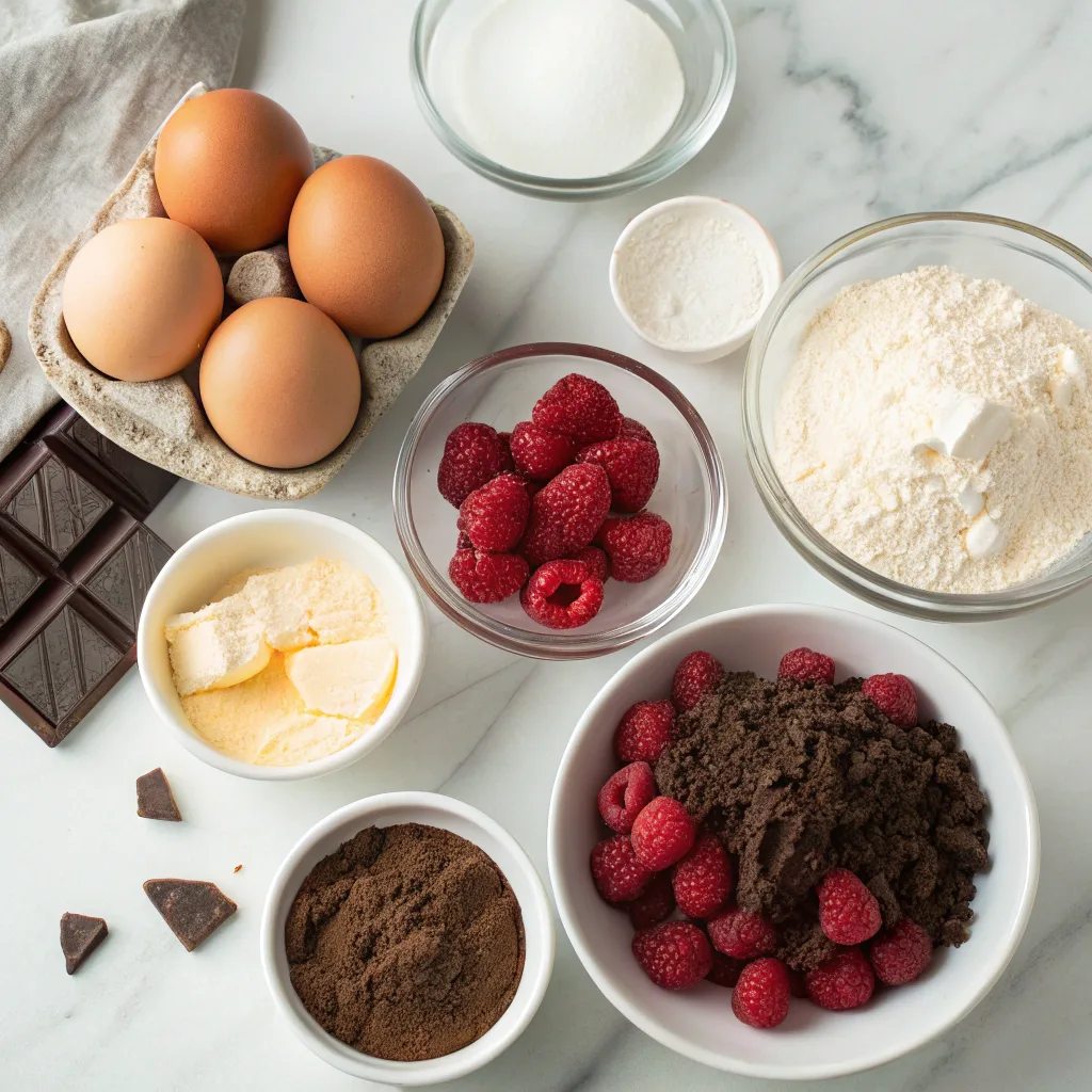 Ingredients for raspberry chocolate lava cupcakes