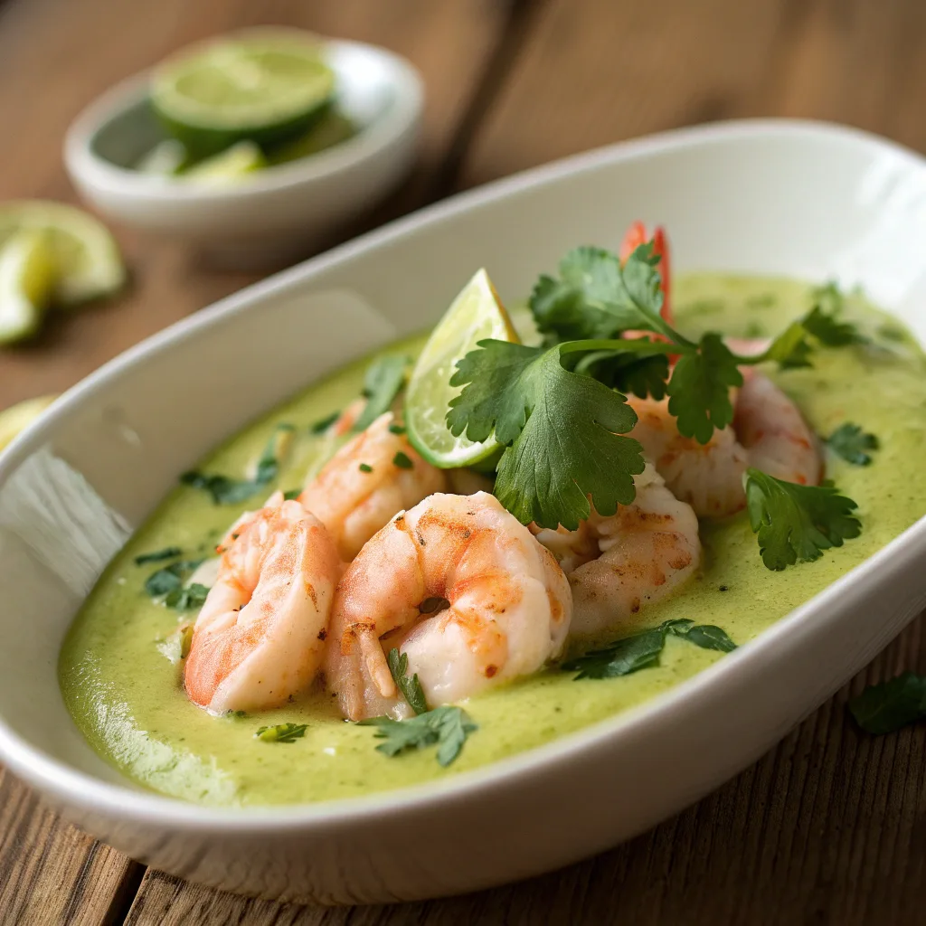 Shrimps in Culichi Salsa served in a white bowl