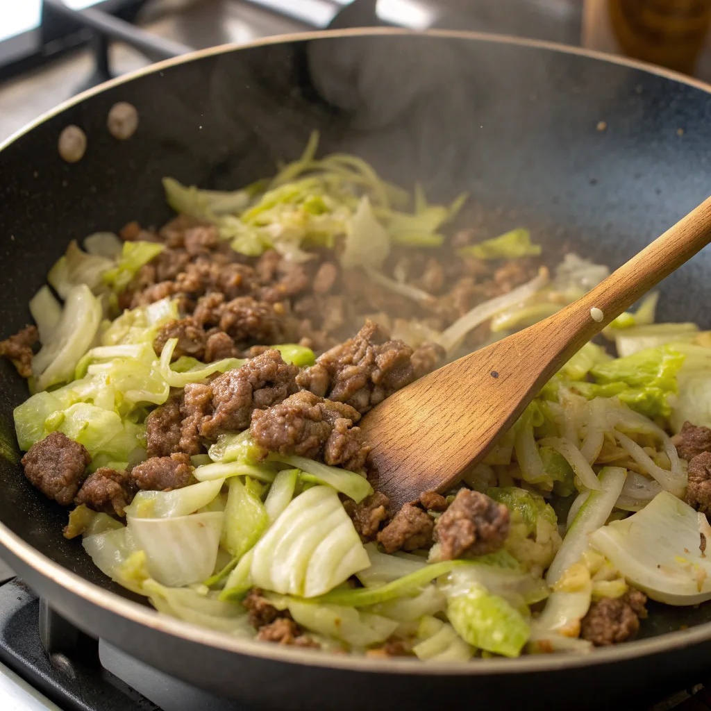 Cooking Mongolian ground beef and cabbage in skillet