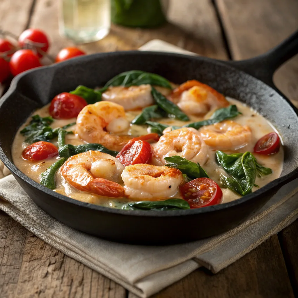 Close-up of creamy Tuscan shrimp with spinach and cherry tomatoes