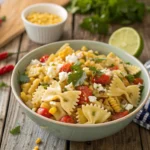 Street corn pasta salad with farfalle, corn, cotija, and lime