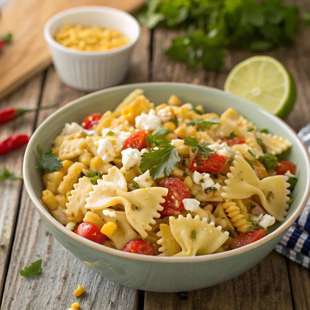 Street corn pasta salad with farfalle, corn, cotija, and lime