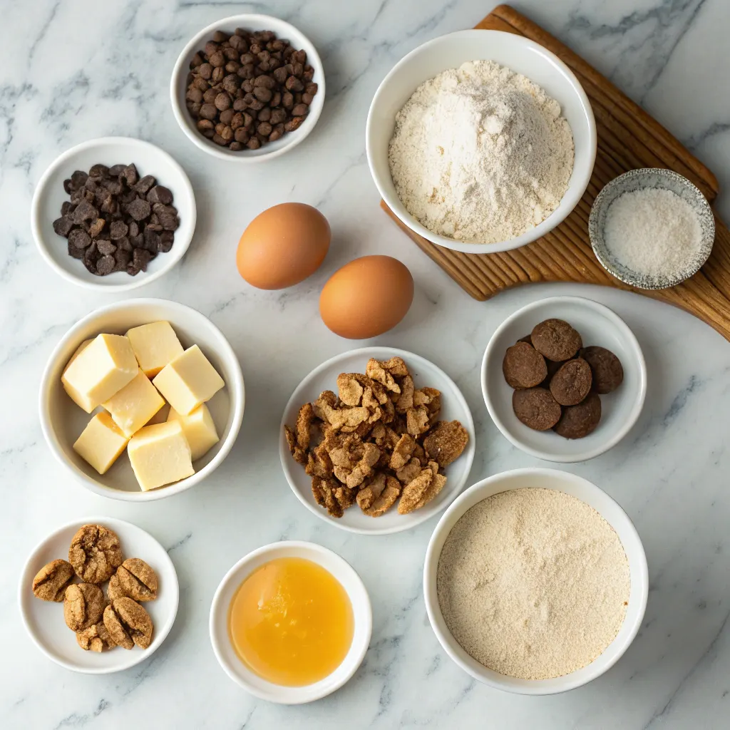Ingredients for espresso chocolate chip cookies