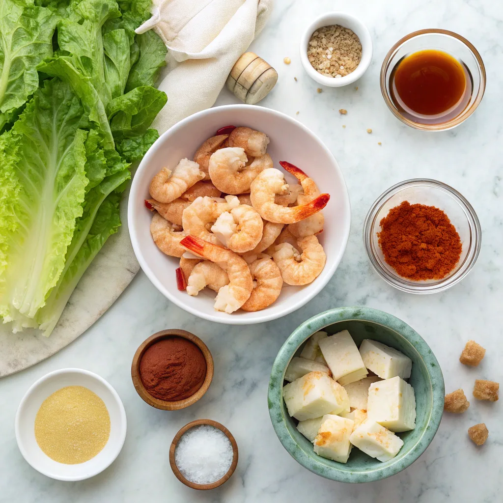 Ingredients for Hot Honey Blackened Shrimp Caesar Salad laid out