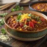 Crockpot ground beef and lentil chili served hot