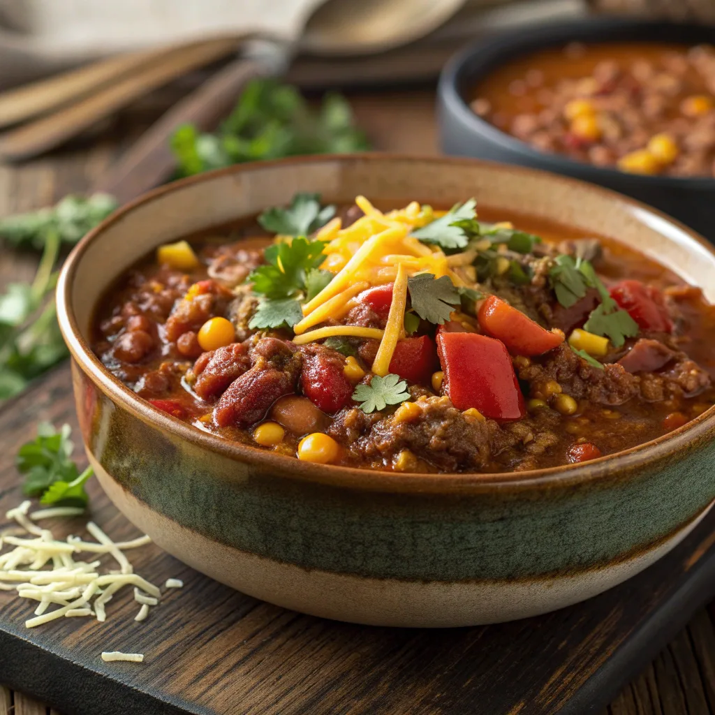Crockpot ground beef and lentil chili served hot