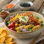 Taco pasta salad served in rustic bowl
