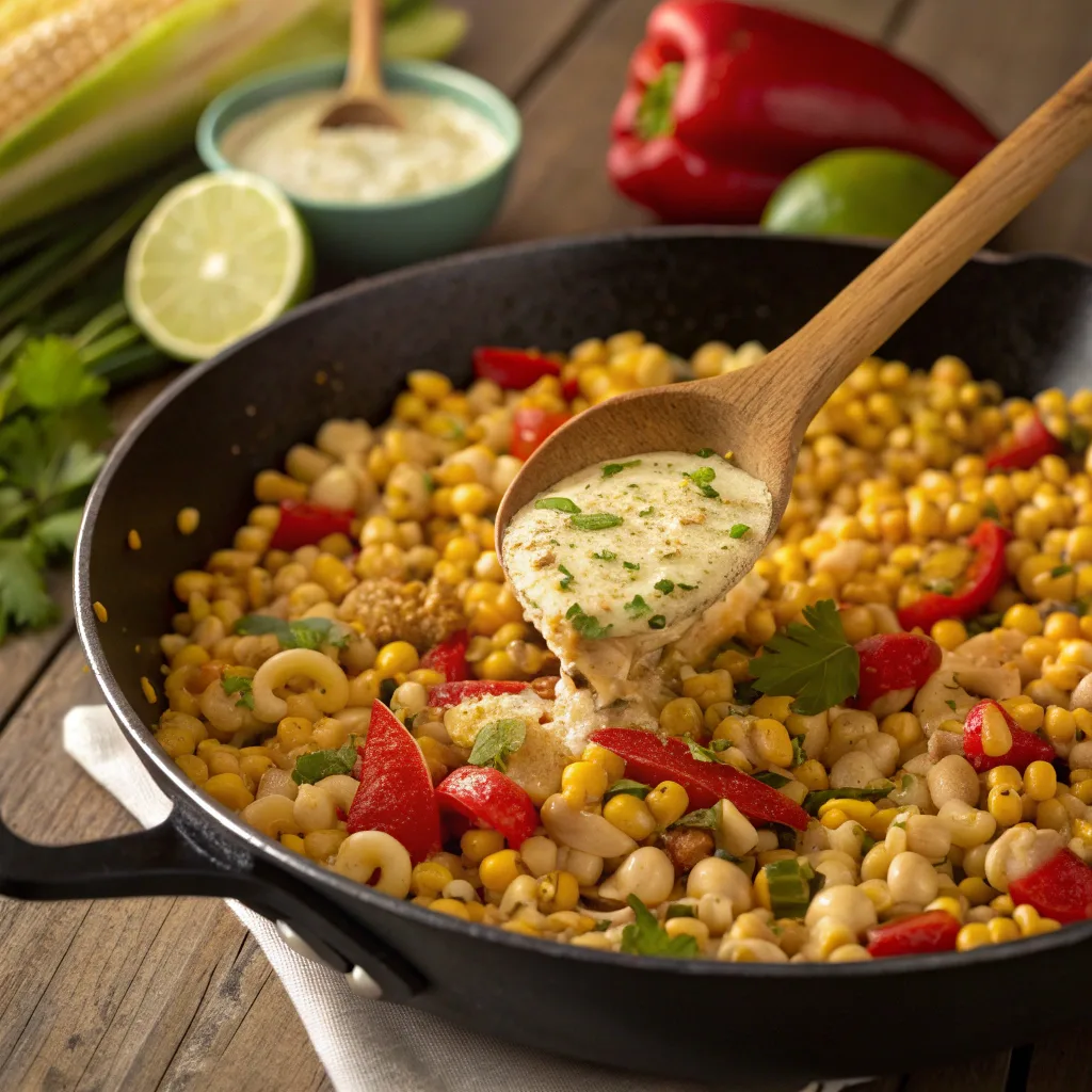 Cooking street corn pasta salad in a skillet