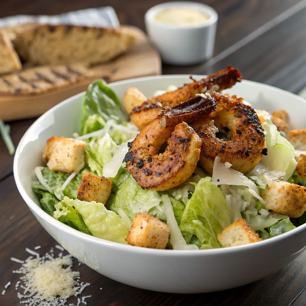 Hot Honey Blackened Shrimp Caesar Salad served in white bowl