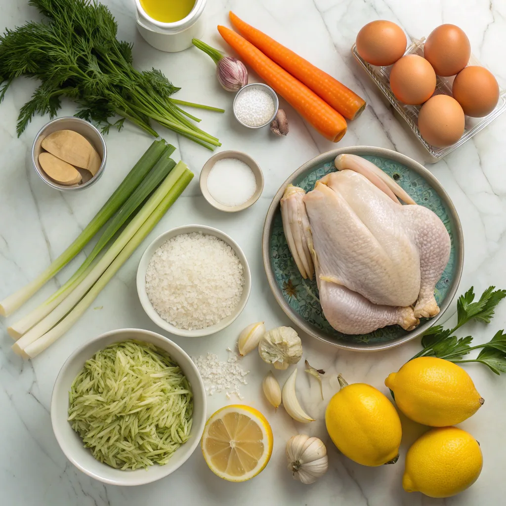 Ingredients for Greek lemon chicken soup
