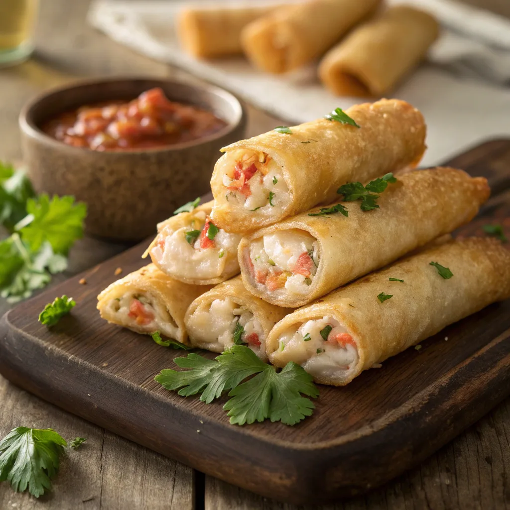 Crab shrimp queso tubes, golden and crispy