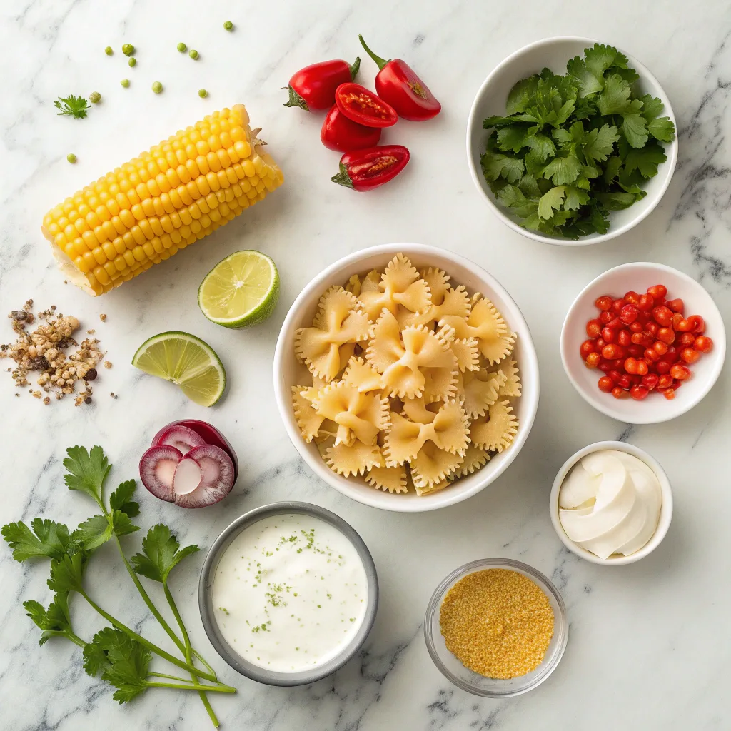 Ingredients for street corn pasta salad on marble counter