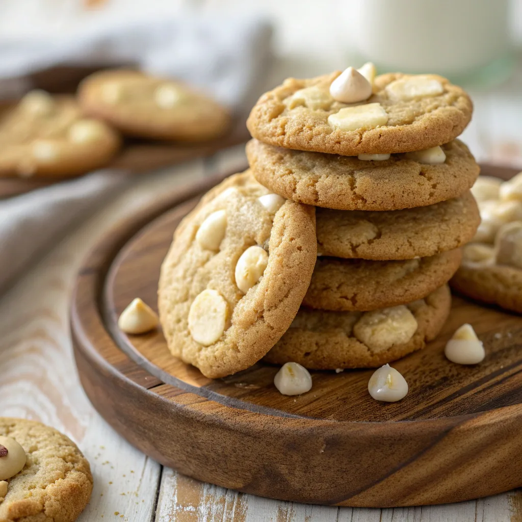 Stack of white chocolate chip cookies close-up