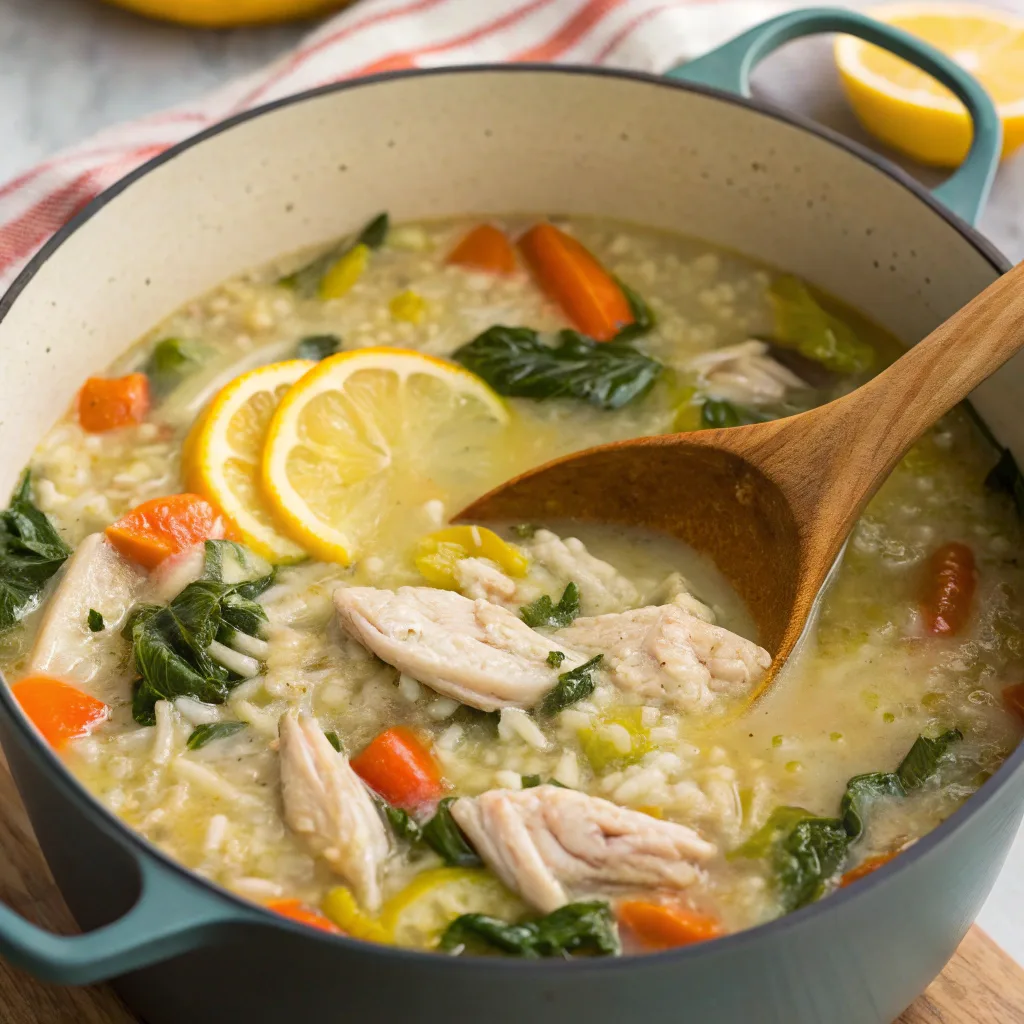 Cooking Greek lemon chicken soup in a pot