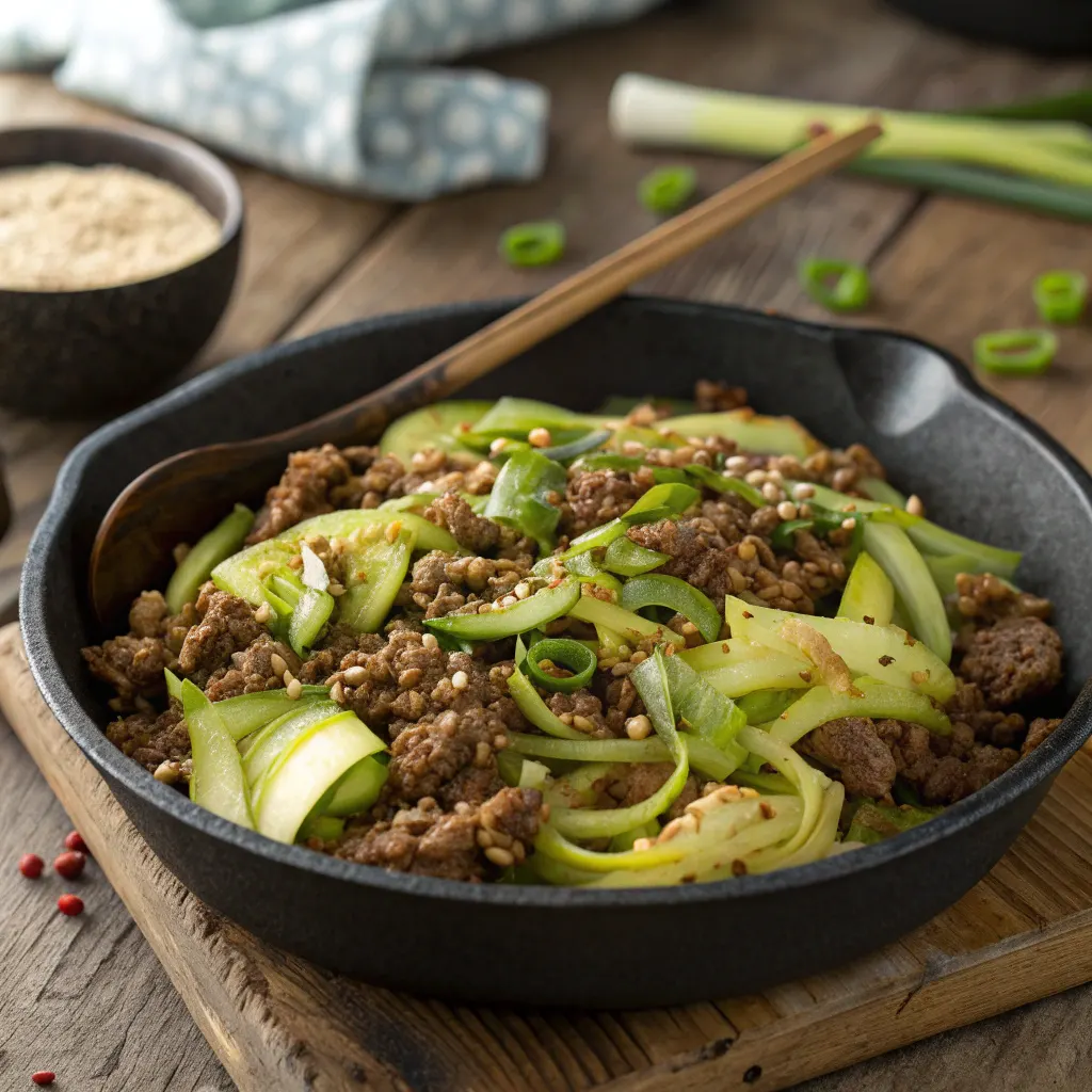 Mongolian ground beef and cabbage in skillet
