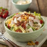 Club sandwich pasta salad served in a green bowl