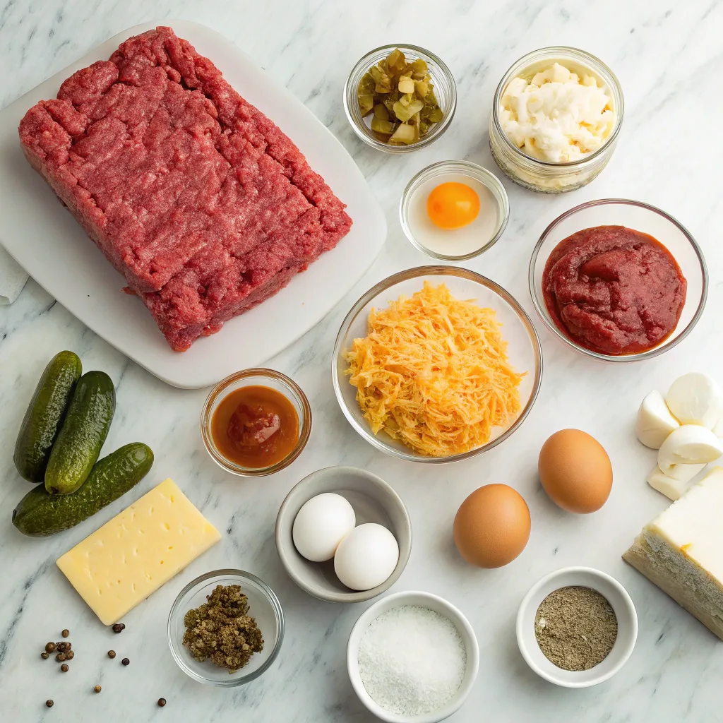 Ingredients for cheeseburger meatloaf on marble counter