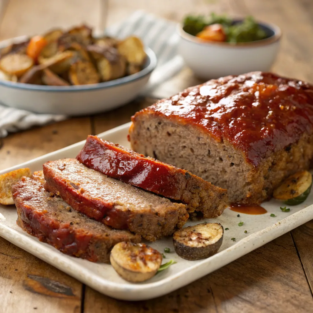 Sliced 4 Ingredient Meatloaf with ketchup glaze