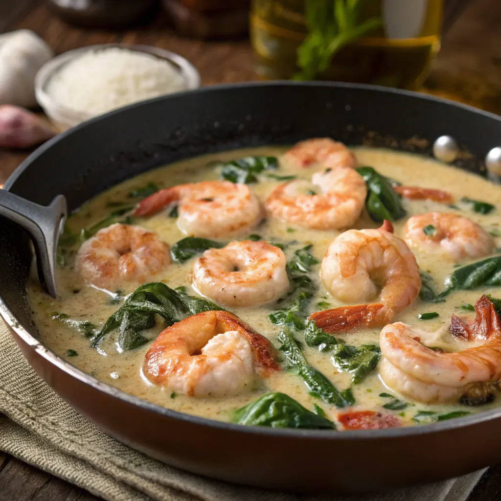 Mid-cooking creamy Tuscan shrimp in skillet