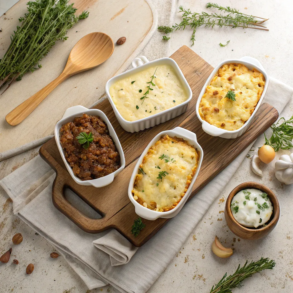 Variations of ground beef and potato layered casserole