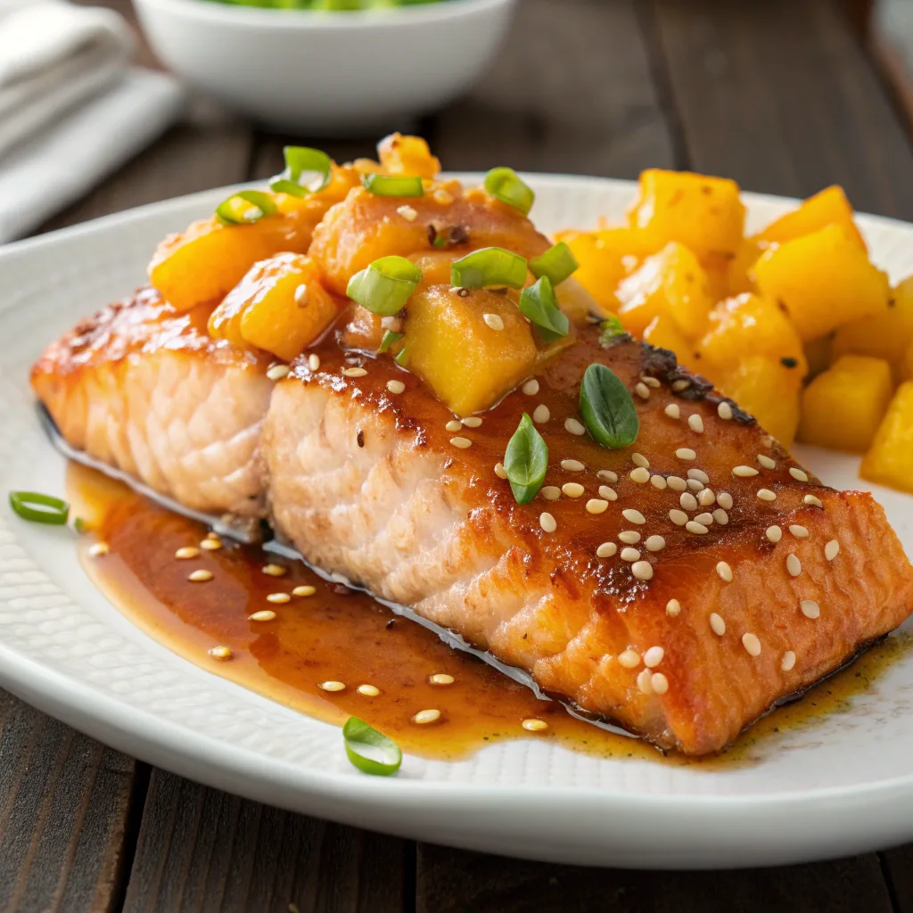 Mango teriyaki salmon glazed with sweet sauce