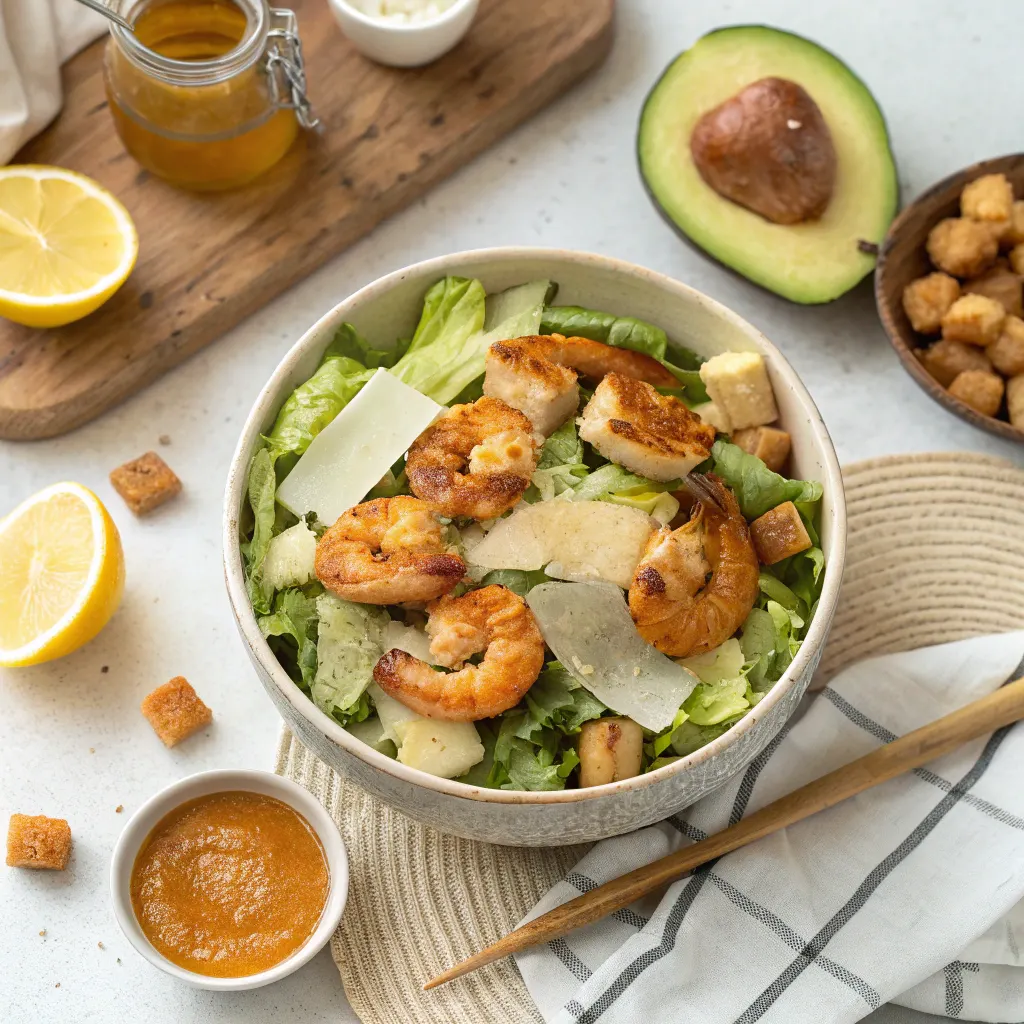 Assembled Hot Honey Blackened Shrimp Caesar Salad