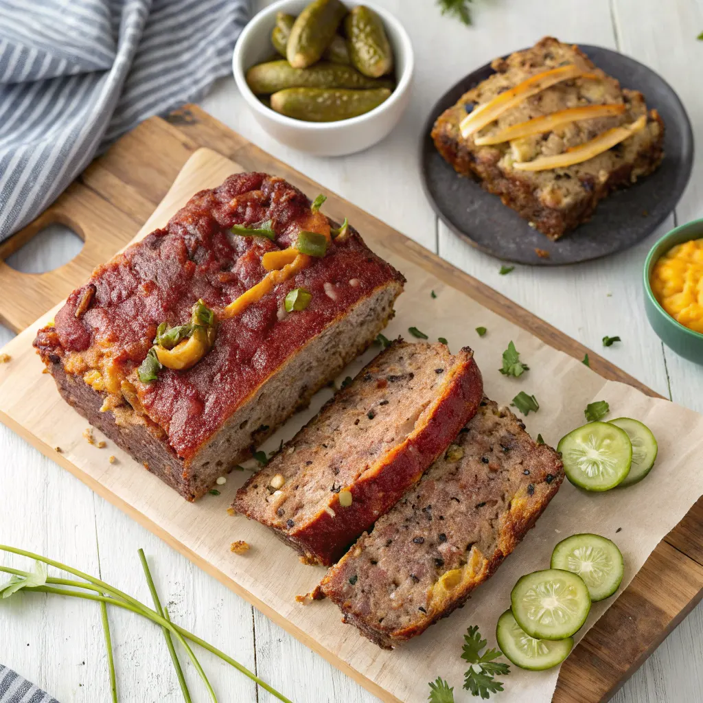 Three cheeseburger meatloaf variations sliced