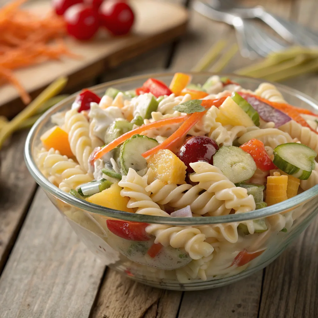 California pasta salad served in a glass bowl