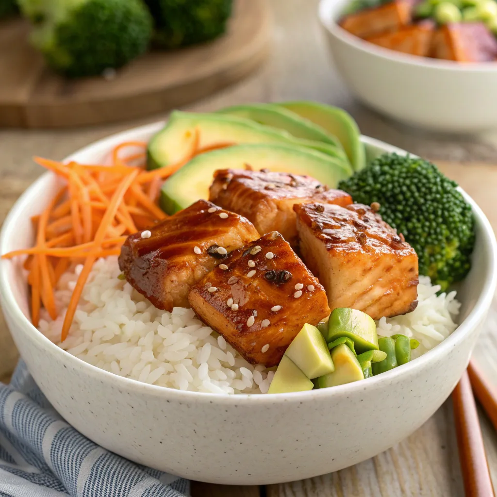 Honey Sriracha Salmon Bowls with rice and vegetables