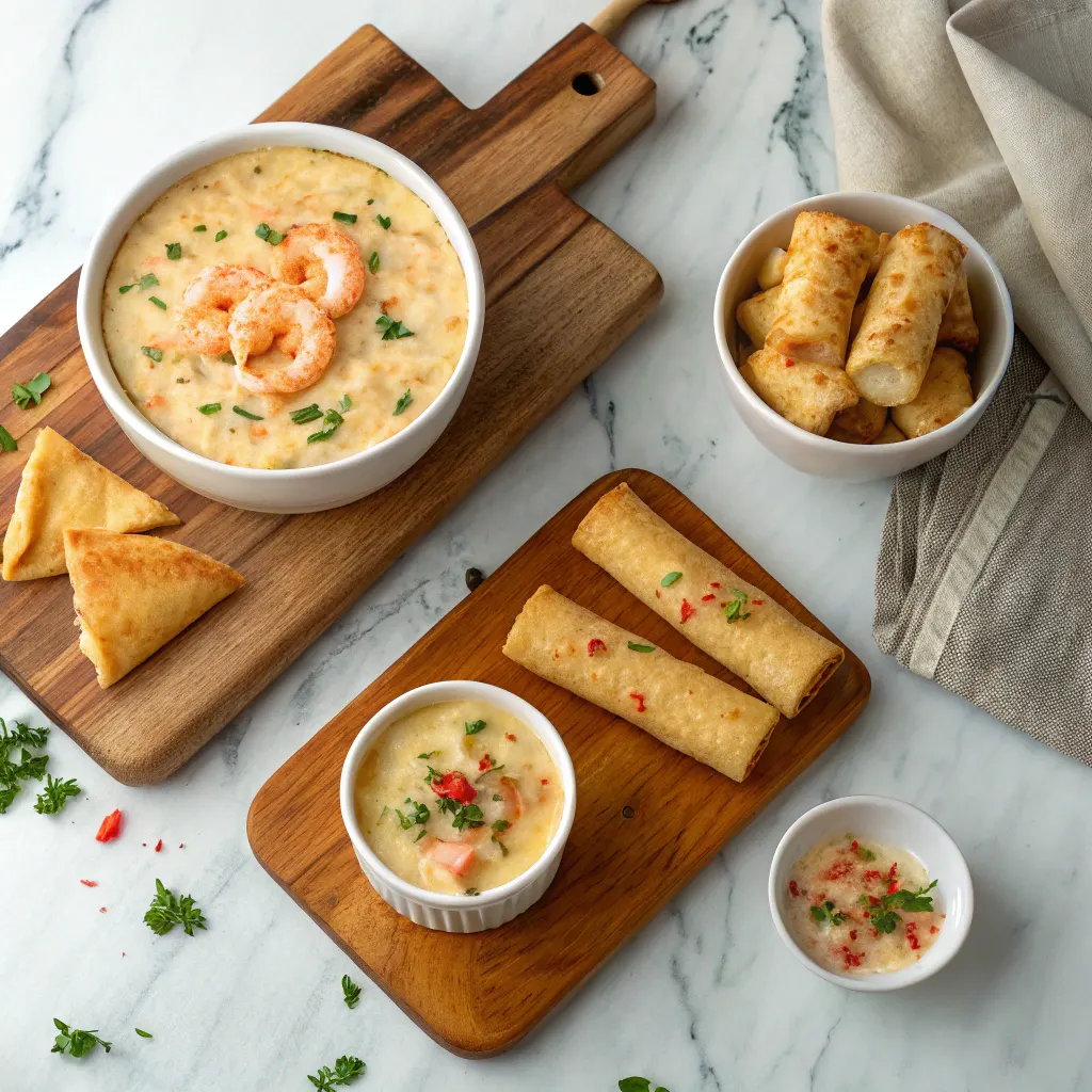 Four variations of crab shrimp queso