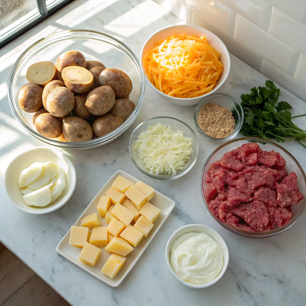 Ingredients for ground beef and potato layered casserole