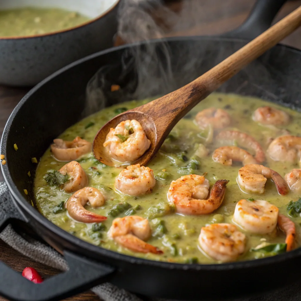 Cooking Shrimps in Culichi Salsa in skillet