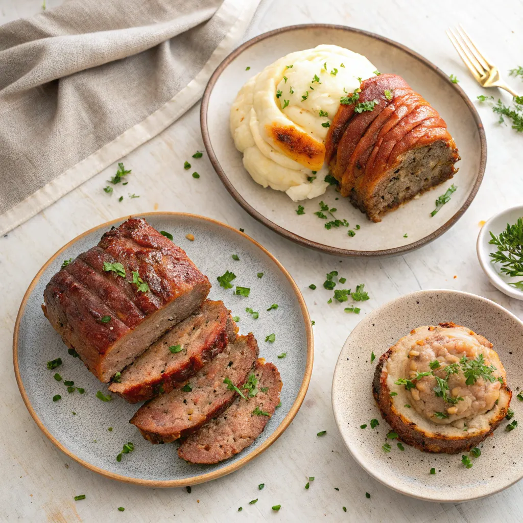 Three variations of Gordon Ramsay Meatloaf flat lay
