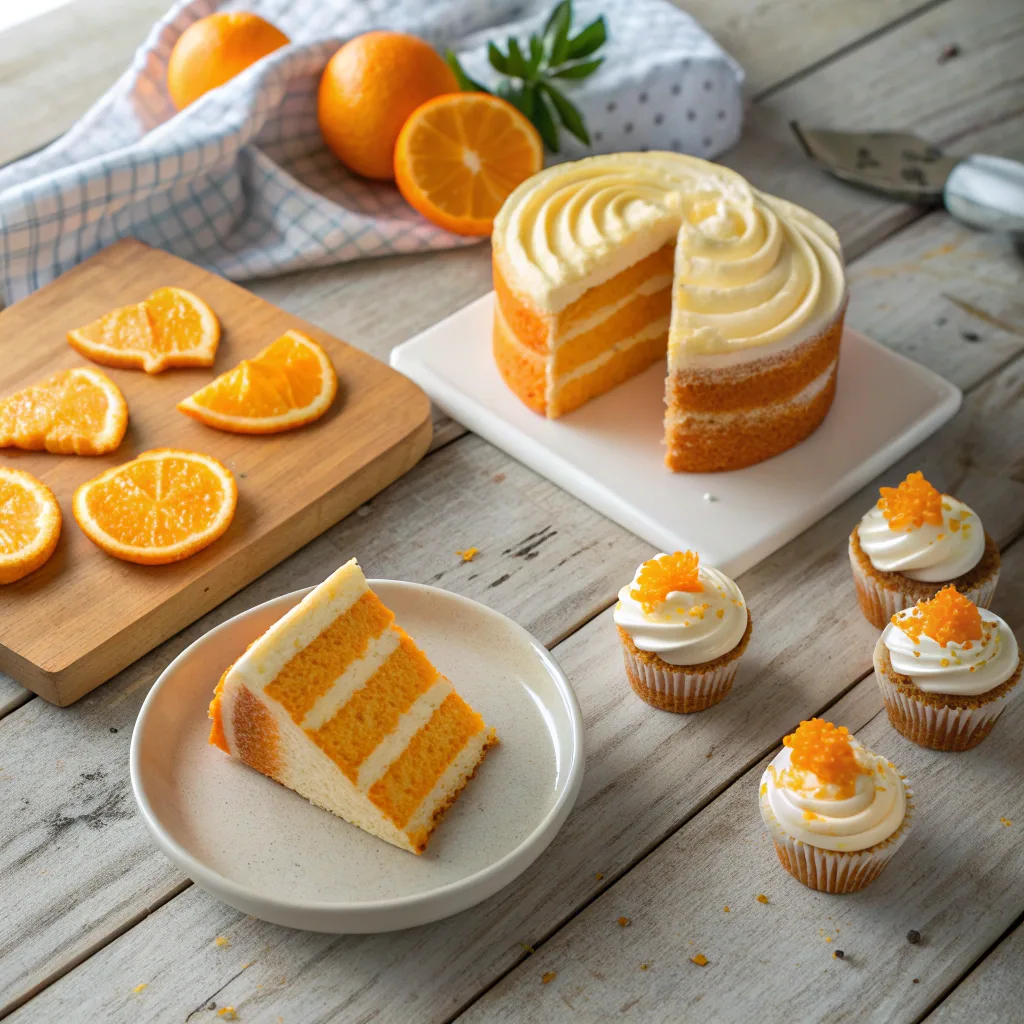 Three variations of orange velvet cake
