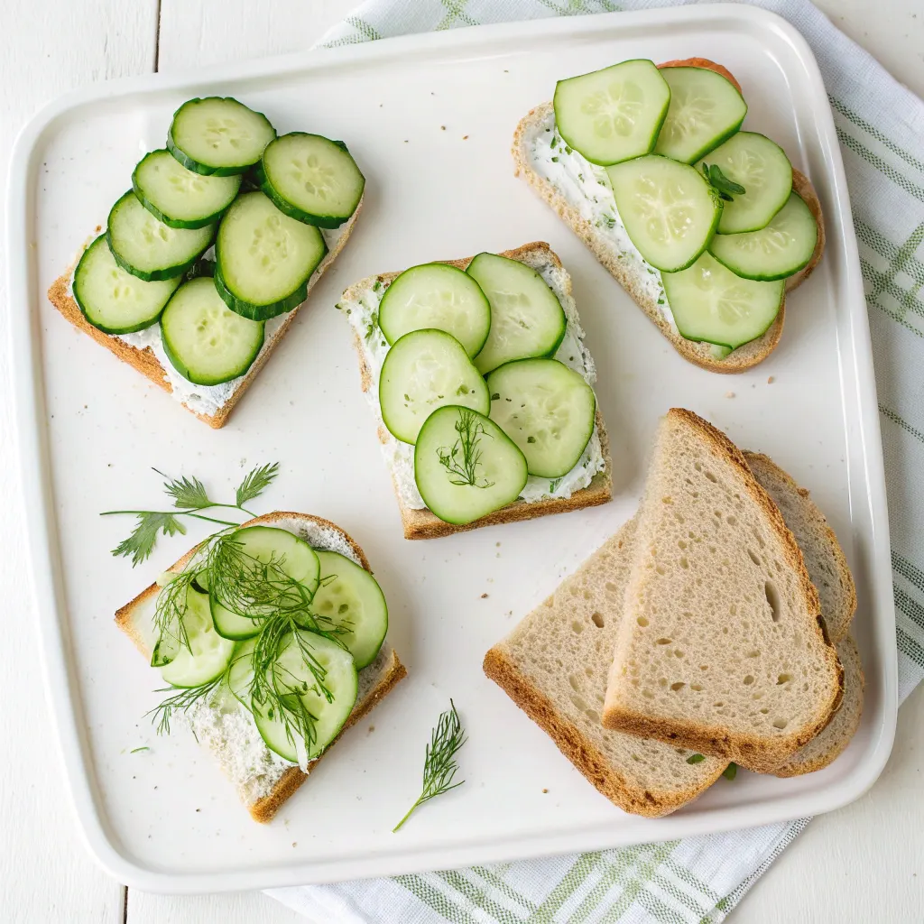Four cucumber salad sandwich variations