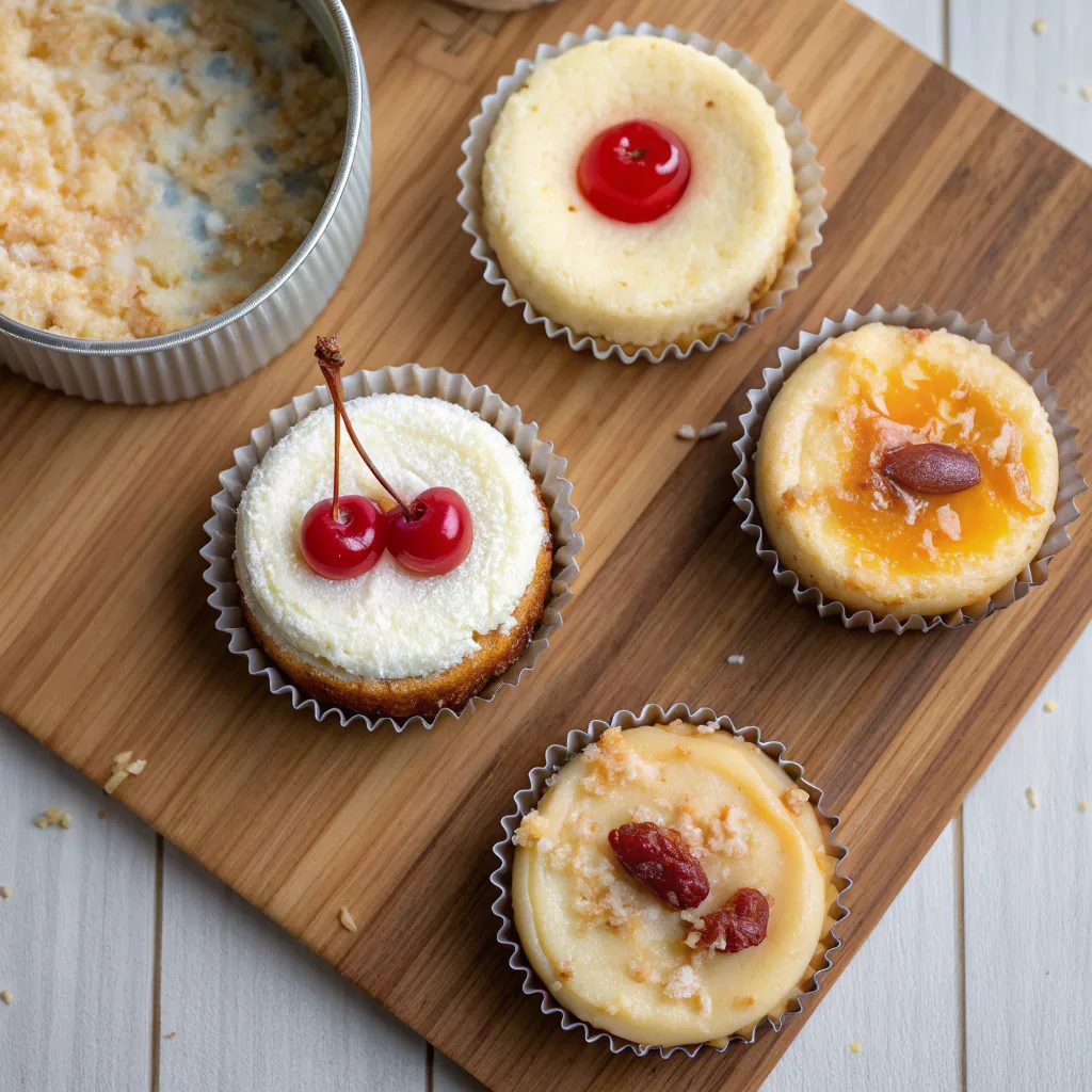 Four mini pineapple upside-down cheesecake variations
