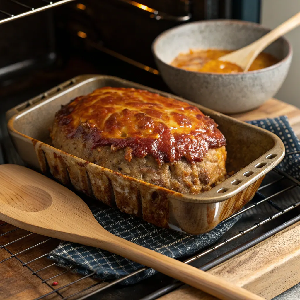 Cheeseburger meatloaf baking in the oven
